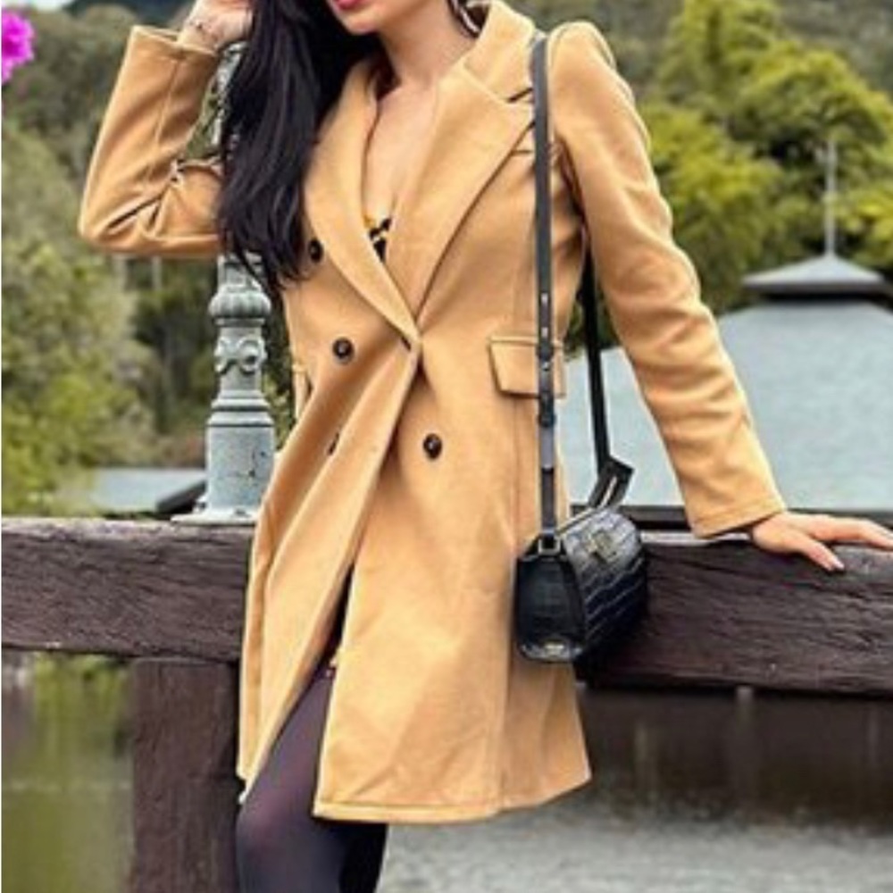Cozy Camel Tan Button up Double Breast Pea coat Jacket - Picture 8 of 9